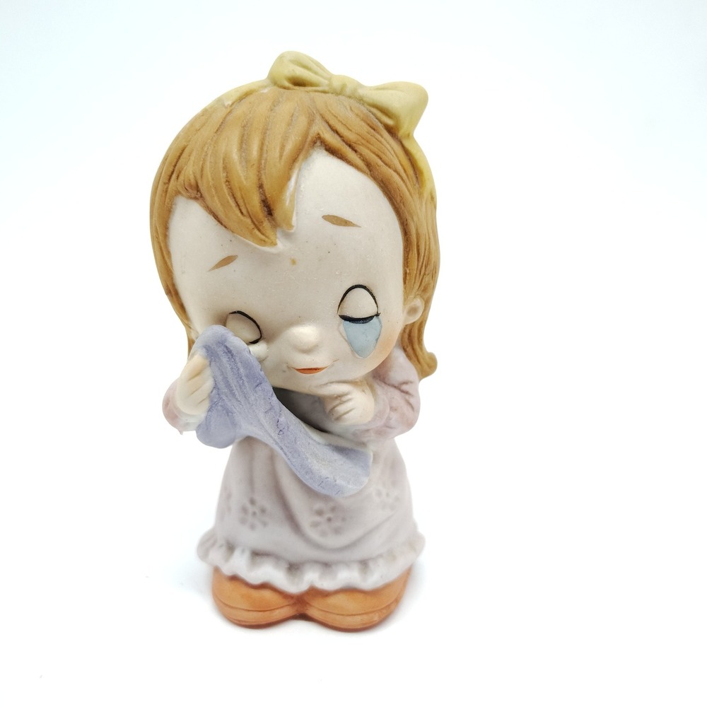 Crying Girl Figurine Ceramic Sad Tears Vintage Home Decor Kitschy‎ Big Eyes